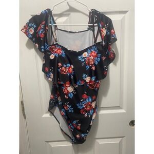 Floral One Piece Swimsuit Women XXL Black Ruffle Off Shoulder Excellent NICE!